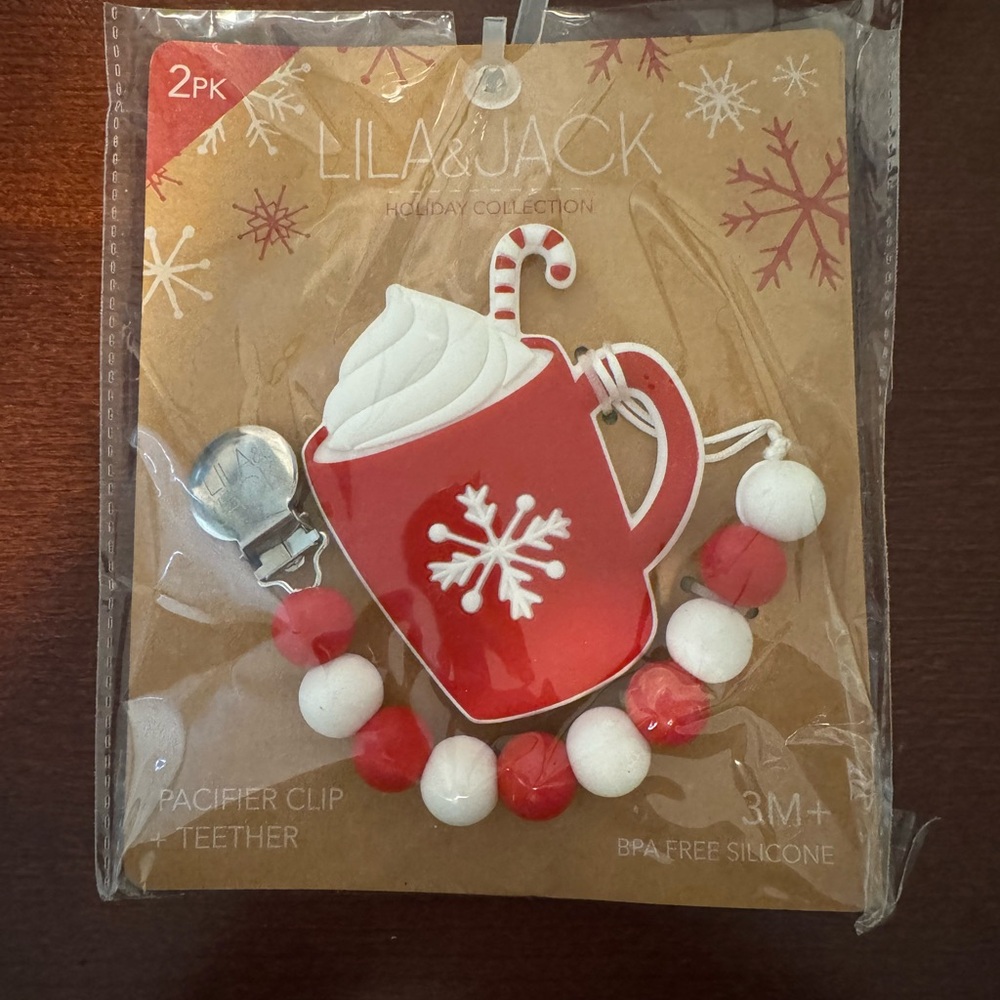 Red and White Pacifier Clip Teether